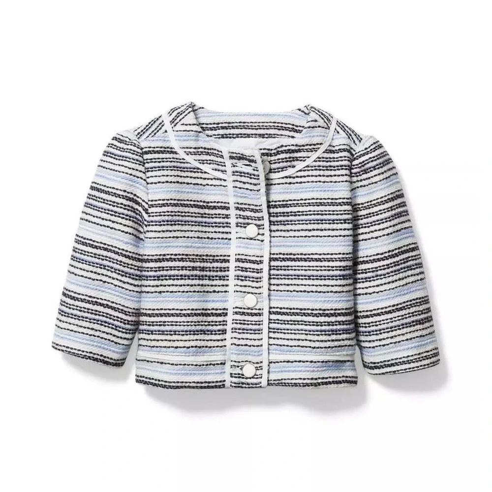 NWT Janie and Jack Bouclé Jacket Girls 6 Blue White Button Front Lined Fall